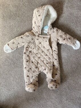 Beige Quilted Hooded Baby One-Piece Snowsuit